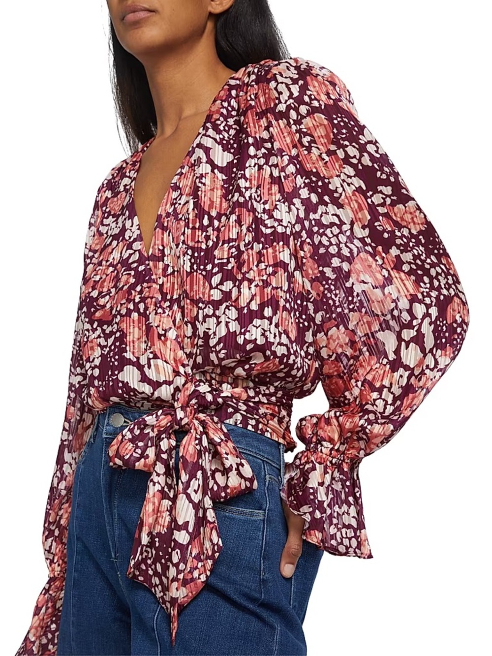 Ramy Brook Melody Floral Pleated Wrap Blouse Medium Burgundy Pink Tie Waist Top